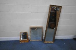 A GILT WOOD RECTANGULAR WALL MIRROR, 131cm x 38cm, along with two other mirrors, condition report: