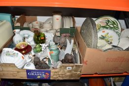 THREE BOXES OF MIXED CERAMICS, GLASSWARE AND ORNAMENTS to include a group of Aynsley 'Wild Tudor'