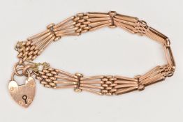 A 9CT ROSE GOLD GATE BRACELET, fitted with a heart padlock clasp, hallmarked 9ct Birmingham, and