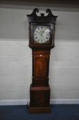 A GEORGIAN OAK CASED 30 HOUR LONGCASE CLOCK, with twin swan neck pediment, the square glass door