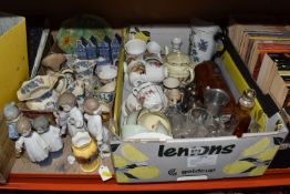 TWO BOXES AND LOOSE CERAMICS AND GLASSWARE, to include an Aynsley Orchard Gold vase, height 11.