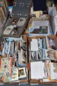 FOUR BOXES OF PRINTED EPHEMERA, to include Victorian, Edwardian and modern postcards, a small number