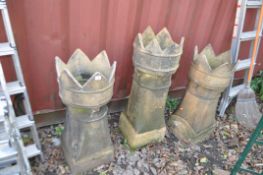 THREE VINTAGE CHIMNEY POTS including a pair at 78cm high (3). Condition Report; largest has damage