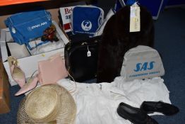 TWO BOXES AND LOOSE VINTAGE CLOTHES AND ACCESSORIES, to include white cotton and lace trim