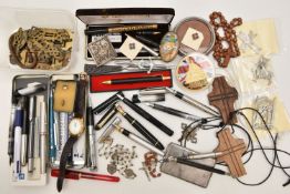 A SMALL PLASTIC BOX OF ASSORTED ITEMS, to include a silver circular frame hallmarked Birmingham,