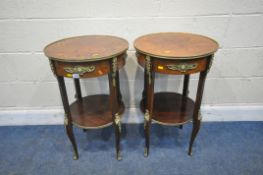 A PAIR OF REPRODUCTION CIRCULAR TABLES, the surface with a parquetry star pattern, each with a