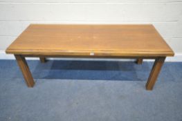 A MODERN PINE RECTANGULAR SIDE TABLE, raised on square chamfered legs, length 240cm x depth 46cm x