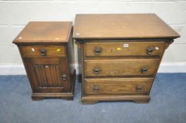 A 20TH CENTURY OAK CHEST OF THREE DRAWERS, with an over-hanging surface, width 74m x dept 47cm x