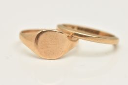 TWO 9CT GOLD RINGS, to include a plain polished band ring, together with a signet ring, approx. ring