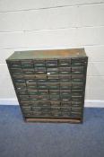 A GREEN PAINTED INDUSTRIAL METAL CABINET, fitted with fifty-four drawers, width 92cm x depth 32cm