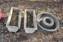 THREE CONCRETE GARDEN ITEMS, comprising a pair of rectangular planters with brickwork effect