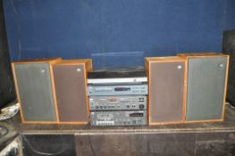 A NAD, WHARFEDALE AND GOODMAN'S COMPONENT HI FI, comprising a 5120 turntable, a 7130 receiver amp (