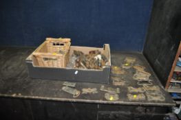 A TRAY CONTAINING VICTORIAN AND LATER CASTERS, HANDLES AND LOCKS including brass and ceramic, cast
