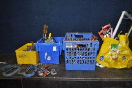 THREE TRAYS AND A BAG CONTAINING TOOLS, including four Record G clamps, other clamps, saws, hand