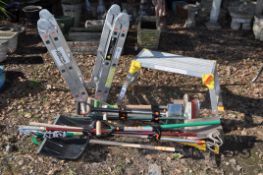 A COLLECTION OF GARDEN TOOLS, including a Youngman platform ladder, a Wickes platform step, rakes,