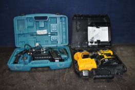 A DeWALT DC988 18V CORDLESS DRILL, with two after market batteries, charger and case, a debadged