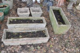 FIVE RECTANGULAR AND SQUARE CONCRETE PLANTERS, including a pair 32cm square, a pair of similar