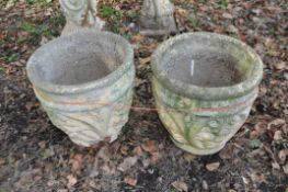 A PAIR OF CONCRETE GARDEN PLANTERS, with scrolled detail to bowls, diameters 40cm. Condition Report:
