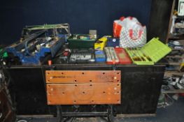 A SELECTION OF TOOLS, including a metal toolbox, two socket sets, a screwdriver set, a workmate,