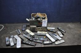 A TRAY CONTAINING TV AND HI FI REMOTE CONTROLS, including Sharp, Aiwa, Sony, Panasonic, LG, Samsung,
