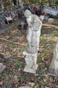 A CONCRETE GARDEN FIGURE, in the form of a water girl on stand, total height 127cm. Condition