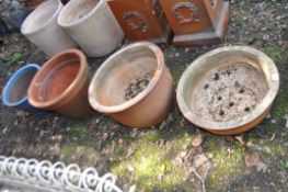 THREE GLAZED AND ONE TERRACOTTA LARGE PLANT POTS, terracotta pot diameter 46cm. Condition Report: no
