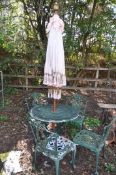 A CAST ALUMINIUM GARDEN TABLE, 80cm in diameter, with four chairs and a parasol (6)