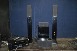 A DENON AND TANNOY HOME CINEMA SYSTEM comprising of an AVR-X2600H receiver amplifier with remote (