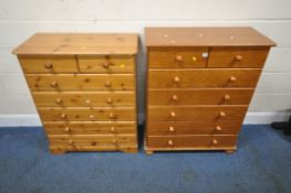 TWO MODERN PINE CHESTS OF TWO SHORT OVER FIVE LONG DRAWERS, larger chest width 82cm x depth 39cm x