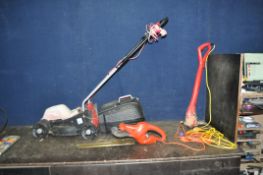 A BLACK AND DECKER 400W HEDGE TRIMMER, a Grizzly lawn mower with grassbox and a Grizzly strimmer (3)