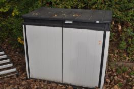 A KETER PLASTIC GARDEN CUPBOARD with two doors and a lift up lid width 140cm, depth 82cm, height