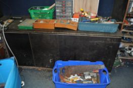 FOUR TRAYS CONTAINING TOOLS including letter and number stamps, clamps, saws, hammers, pliers, a