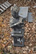 A GARDEN FIGURE IN THE FORM OF THE BUST OF A LADY atop a square column base total height 100cm.
