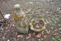 A DISTRESSED SANDSTONE GARDEN URN ON STAND in the form of a bowl with acanthus leaf detail, broken
