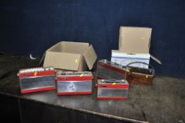 A BOX CONTAINING FIVE ROBERTS RADIOS in red or wood finish comprising of a R760 in original box, a