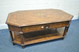 POSSIBLY JONATHAN CHARLES WINDSOR, A REPRODUCTION WALNUT COFFEE TABLE, with starburst inlaid top,