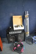 A KUSTOM KPM480 PA AMPLIFIER, a pair of Kustom speakers, two tripod stands, a Numark radio mic (