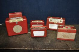 FIVE 1950s ROBERTS RADIOS all in red including a red Valve radio screen stamped 53787 (working), a