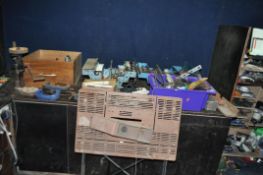 TWO TOOLBOXES, A DRAWER AND A BOX CONTAINING TOOLS including vintage UNTESTED drills, four Record