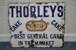 A 'THORLEY'S CAKE' ENAMEL SIGN, white ground with blue writing, central emblem, width 82cm x 69cm,