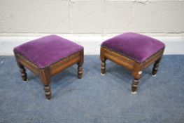 A PAIR OF EDWARDIAN WALNUT SQUARE FOOTSTOOLS, with purple fabric, 25cm squared x height 21cm,