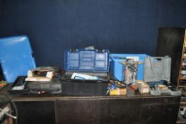 TWO TRAY AND A TOOLBOX CONTAINING TOOLS including a Rotozip, a Black and Decker Scorpion saw (both