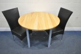 A MODERN PARTIALLY PAINTED ASH TOP CIRCULAR TABLE, diameter 110cm x height 79cm, along with a pair