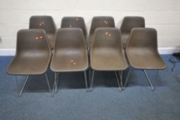 ROBIN DAY FOR HILLE, A SET OF EIGHT MID-CENTURY BROWN PLASTIC CHAIRS, raised on chrome legs, width