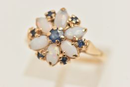 A 14CT GOLD OPAL AND BLUE SAPPHIRE CLUSTER RING, flower cluster of marquise cut opal cabochons and