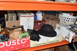 FIVE BOXES AND LOOSE MISCELLANEOUS SUNDRIES, to include, a pre lit 6ft Christmas tree, DVD's,