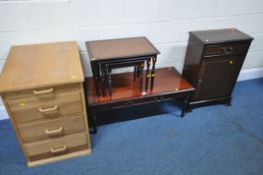 A HOME BUILT OAK FOUR DRAWER CHEST, along with a mahogany coffee table, nest of three tables and a