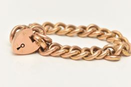 A ROSE METAL HOLLOW CURB LINK BRACELET, alternating textured and polished links, fitted with a heart