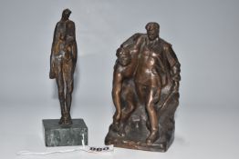 TWO FIGURAL SCULPTURES, comprising a bronzed figure of a female nude standing on a green marble