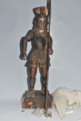 A LARGE POLYCHROME WOODEN RELIGIOUS FIGURE one arm appears to be jointed, with a metal spear, height